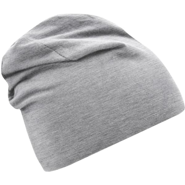 A lightweight grey beanie with a slouchy design and soft fabric, featuring a logo.