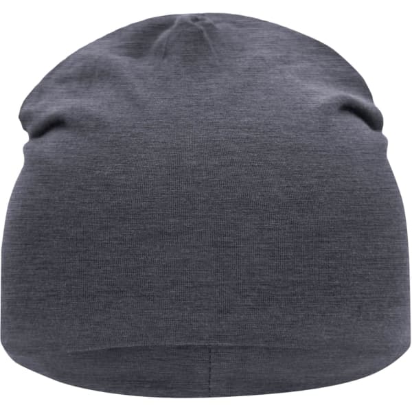 A grey jersey beanie laid flat, showcasing a soft, stretchy fabric. The beanie features a logo.