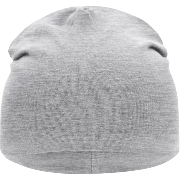 A grey jersey beanie with a soft, slouchy design and a simple branding logo.