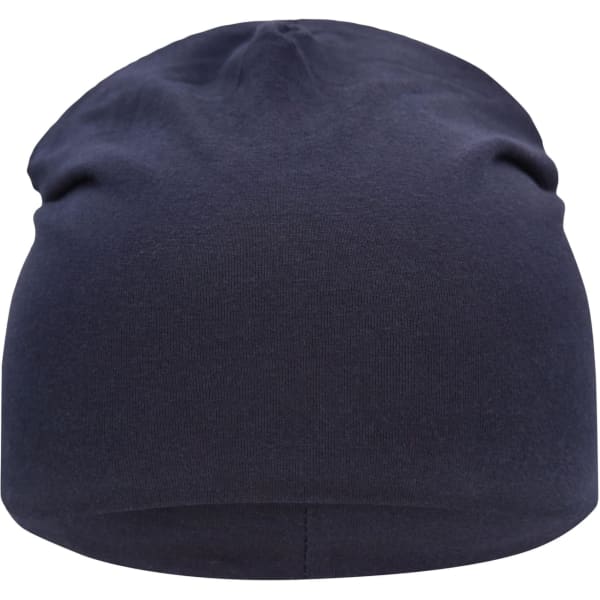 A navy jersey beanie with a simple, smooth design and a snug fit. It features a logo on the side.