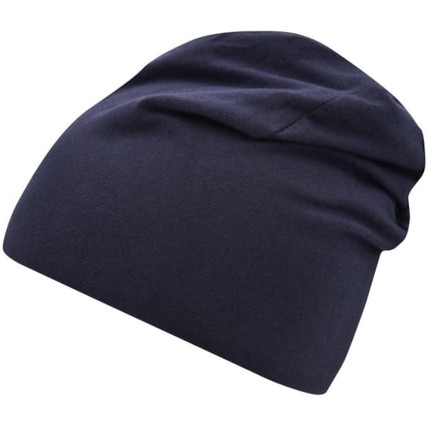 A navy Jersey Beanie with a slouchy design, featuring a simple logo.