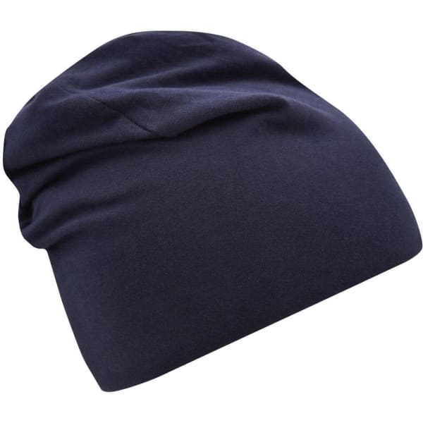 A navy blue Jersey Beanie featuring a slouchy design and a subtle brand logo.