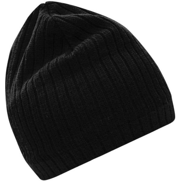 A black knitted hat with a ribbed texture and a slightly tapered top. Features a logo on the side.