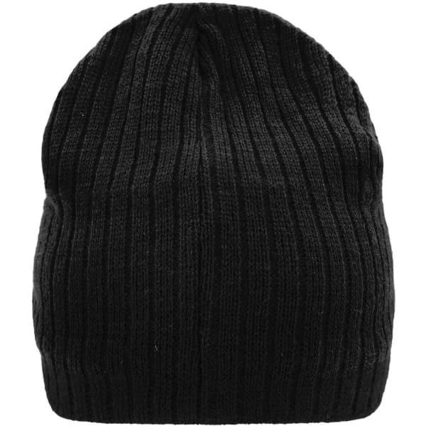A black knitted hat with a ribbed texture and a soft finish. It features a logo on one side.