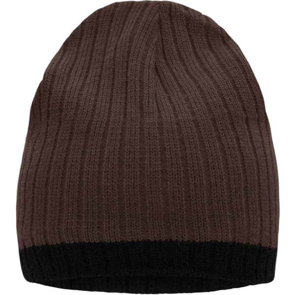 A knitted hat in shades of brown with a black brim, featuring a logo on the side.