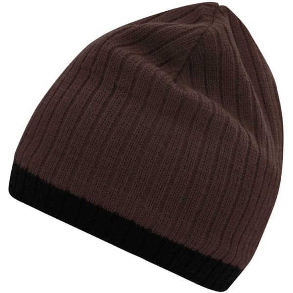 A knitted hat in brown with a black band at the bottom, featuring a logo on one side.