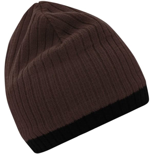 A knitted hat in dark brown with a black cuff and a ribbed texture. It features a logo on the side.