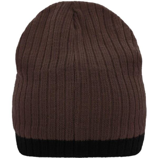 A knitted hat in brown with a black band at the bottom, featuring a ribbed texture and a logo.