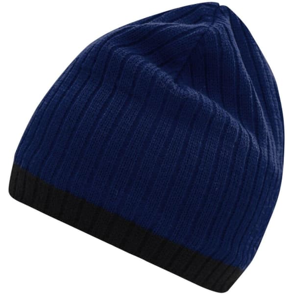 A knitted hat in navy blue with a black ribbed band at the bottom. It has a textured pattern and a logo.