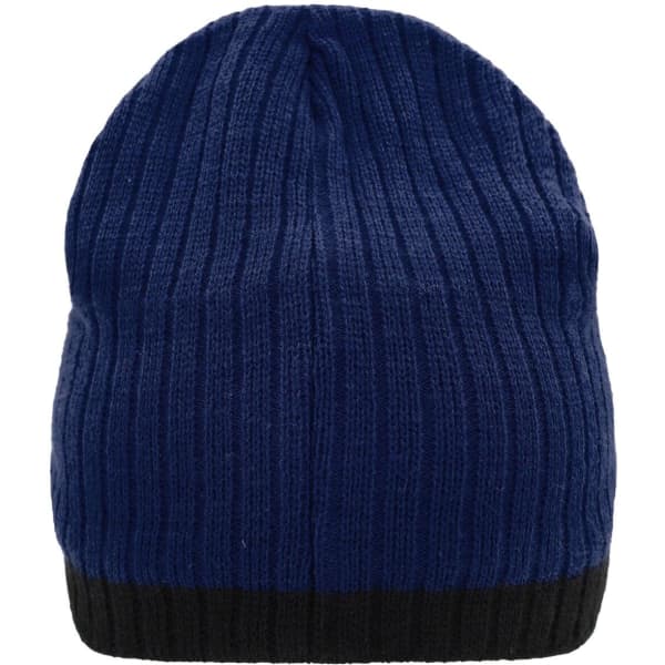A knitted hat featuring a navy blue body with a black brim. It has a ribbed texture and a simple design.
