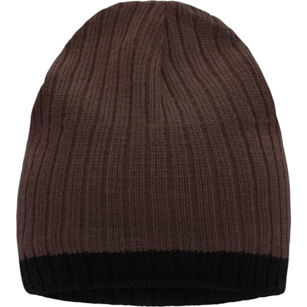 A knitted hat in shades of brown with a black band at the bottom and a textured ribbed pattern.