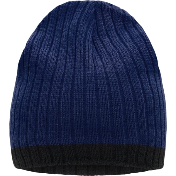 A knitted hat in dark blue with a black band at the bottom, featuring a textured ribbed design.