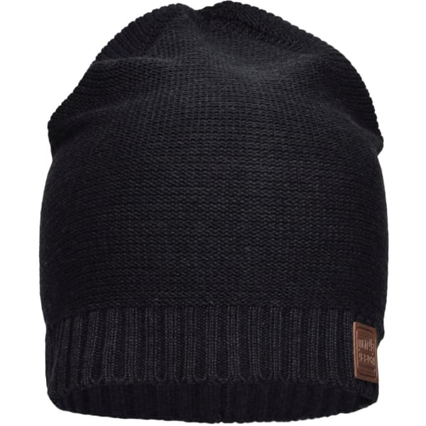 A black cotton beanie hat with a ribbed edge and a logo on the side.