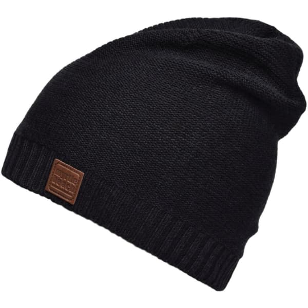 A black cotton hat with a textured knit and a ribbed brim, featuring a small logo badge.