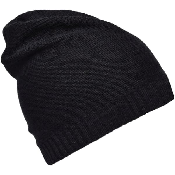 A black cotton hat with a slouchy design and ribbed band at the bottom. It features a logo on the side.