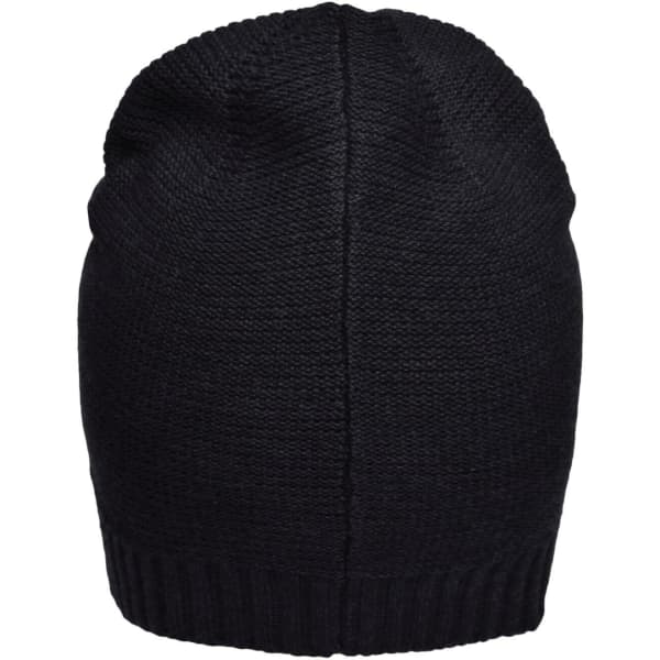 A black cotton hat with a snug fit and ribbed bottom, displayed from the back view. It features an unembellished design.