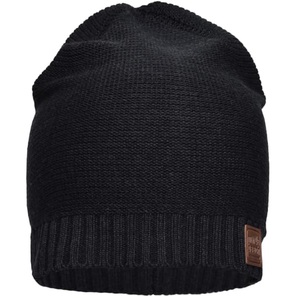 A black cotton hat featuring a textured knit design and a small logo tag on the side.