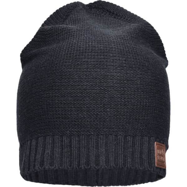 A dark grey cotton hat with a ribbed bottom and a small logo tag on the side.