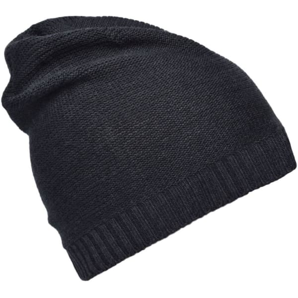 A cotton hat in dark grey with a ribbed band and a slouchy design. It features a logo on the side.