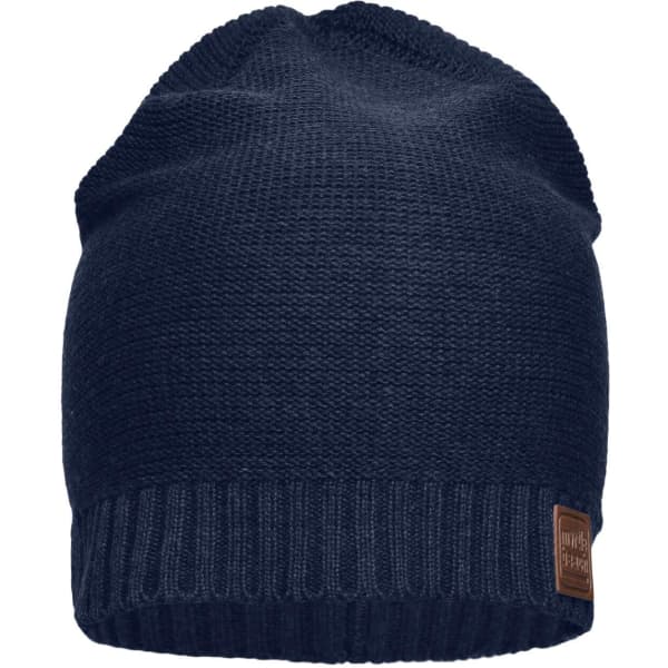 A navy blue cotton hat with a ribbed cuff and a small branded tag on the side.
