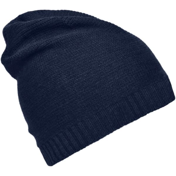 A navy cotton hat with a slouchy design and a ribbed band at the bottom, featuring a logo.