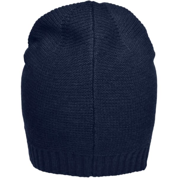 A navy cotton beanie with a ribbed edge and a knitted texture, featuring a logo on the side.
