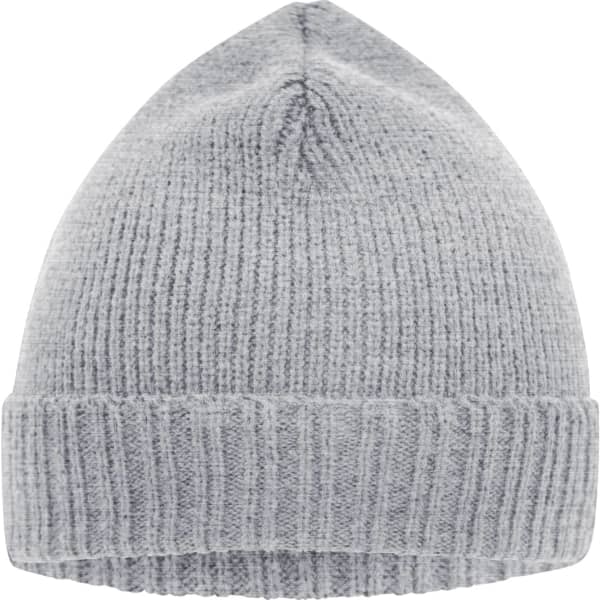 A knitted beanie in a light grey colour with a ribbed design and a folded cuff. It features a logo.