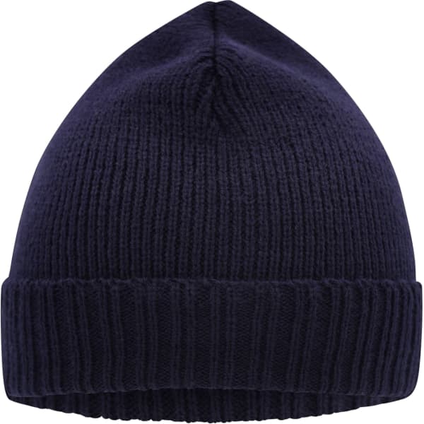 A navy knitted beanie with a ribbed texture and a folded cuff. It features a logo on the side.