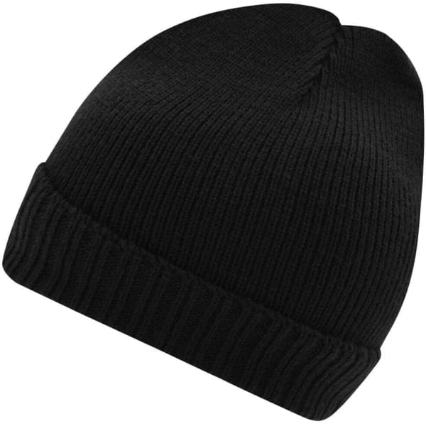 A black knitted beanie with a ribbed design and folded cuff, featuring a logo.