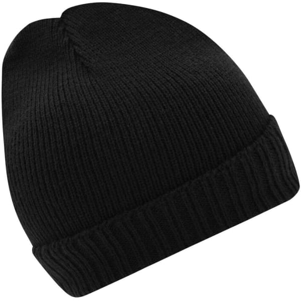 A black knitted beanie with a ribbed cuff and a soft texture. It features a logo on the side.