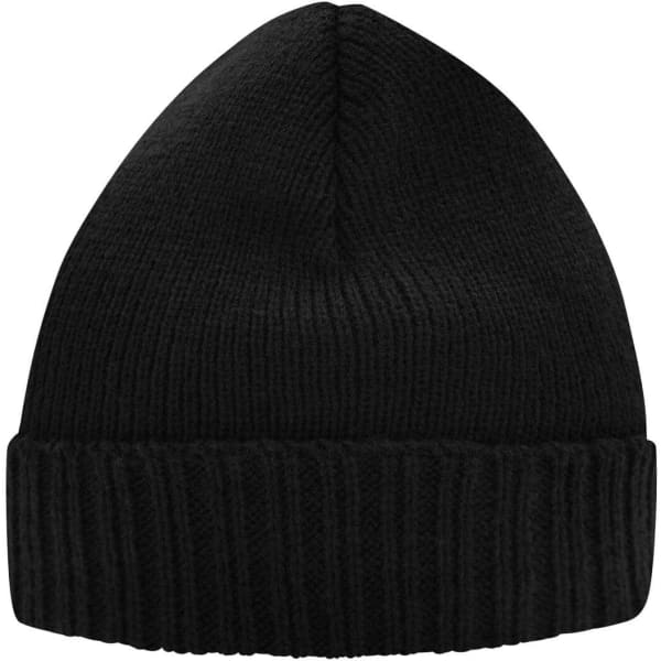 A black knitted beanie with a ribbed fold-over cuff and a smooth top. It features a logo on the side.