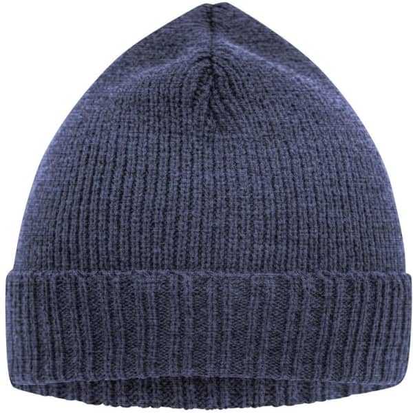 A basic knitted beanie in dark navy with a ribbed cuff and textured body. It features a logo on one side.