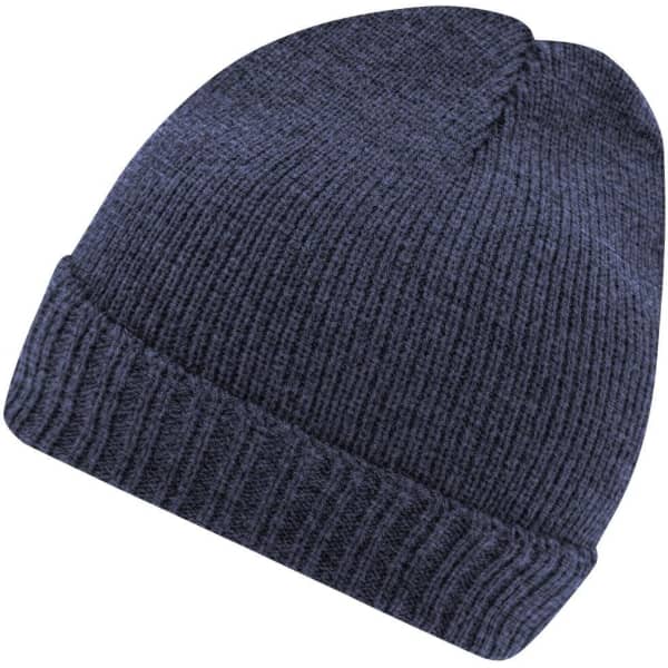 A dark navy knitted beanie with a ribbed texture and a fold-up brim. It features a logo on the side.