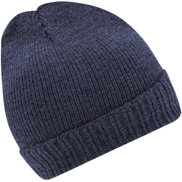 A basic knitted beanie in dark navy, featuring a ribbed design and a folded brim.