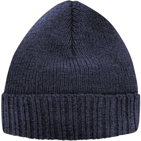 A navy blue knitted beanie with a ribbed cuff, featuring branding on the side.