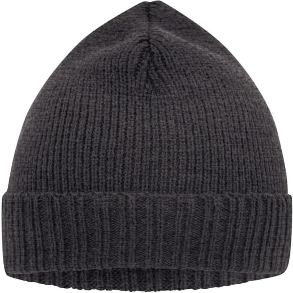 A dark grey knitted beanie featuring a ribbed design and a folded cuff. It has a logo on the side.