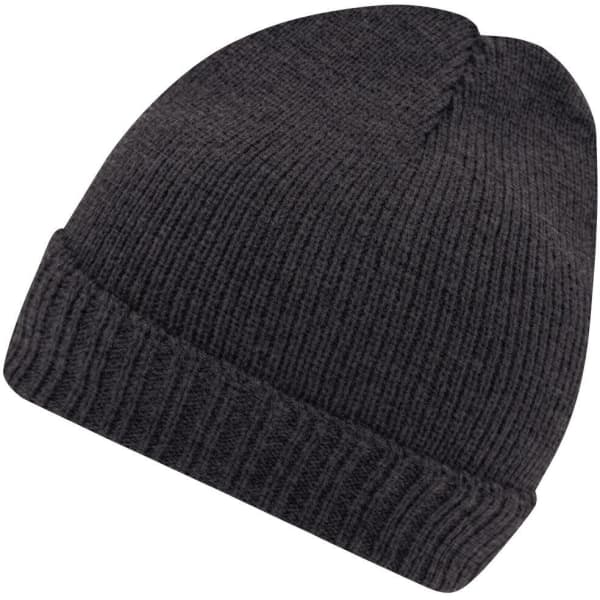 A dark grey knitted beanie with a fold-over cuff and a simple design, featuring a logo on the side.