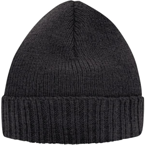 A black knitted beanie with a ribbed cuff and a smooth top. The beanie features a logo.