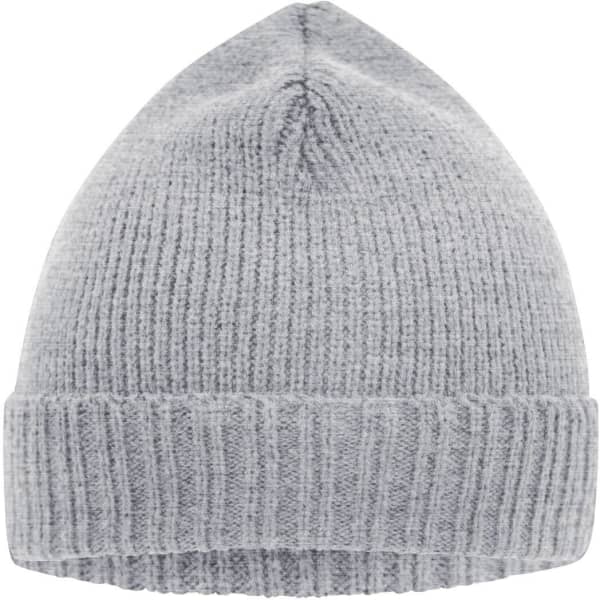 A grey knitted beanie featuring a ribbed design and a folded cuff. It includes a logo on the side.