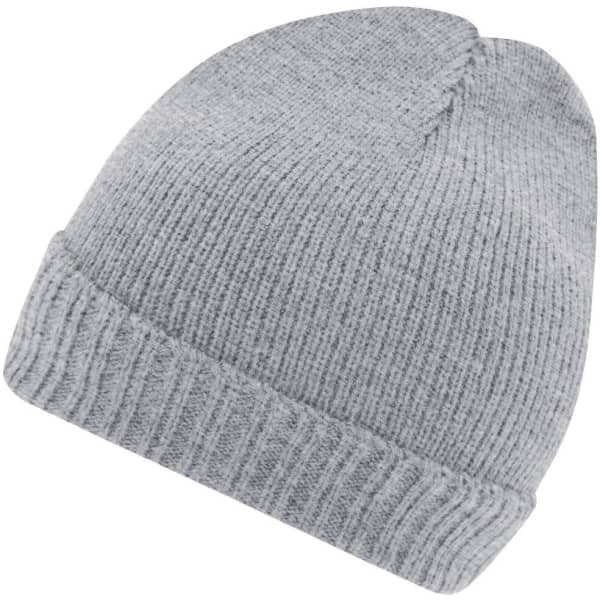 A grey knitted beanie with a ribbed cuff, displayed at a slight angle.