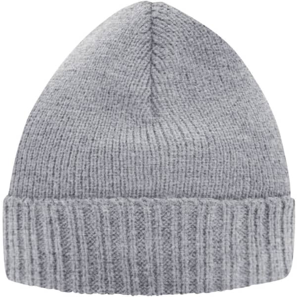 A grey knitted beanie with a ribbed cuff, featuring a logo on the side.