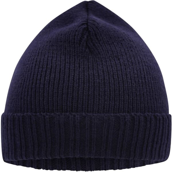 A navy blue knitted beanie with a ribbed cuff and a seamless top. Features a logo on the side.