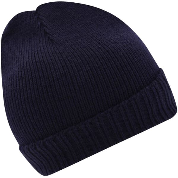 A dark navy knitted beanie with a ribbed texture and rolled brim, featuring a logo on the side.