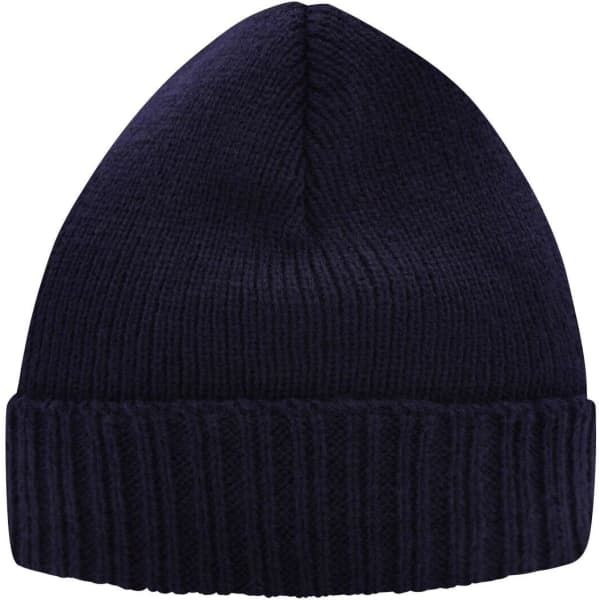 A navy blue knitted beanie with a ribbed cuff and a smooth top. Features a logo on the side.