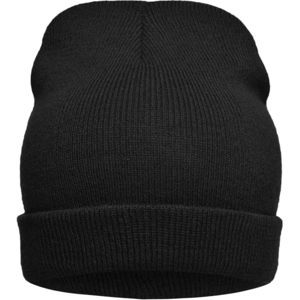 A black knitted beanie with a ribbed texture and a turned-up cuff. It features a logo.