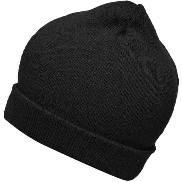 A black knitted beanie with a fold-up cuff and a smooth texture. It features a logo on the side.