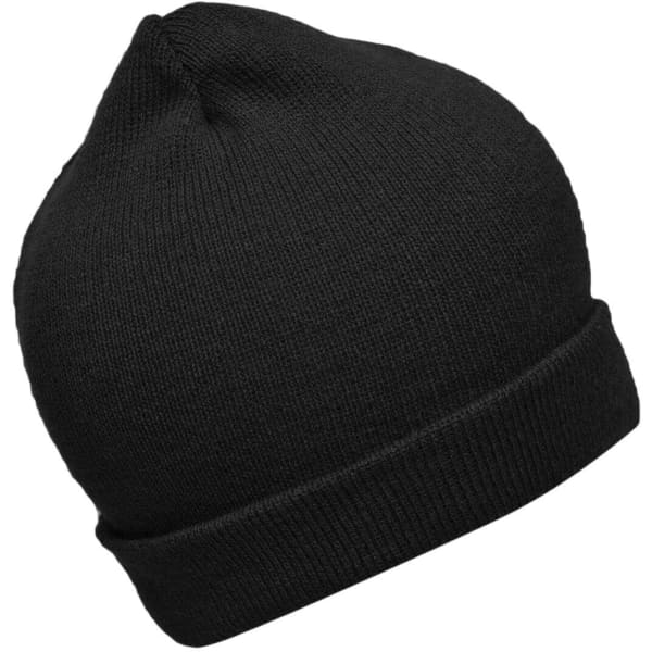 A black knitted beanie featuring a folded brim and a rounded top. The beanie includes a logo.