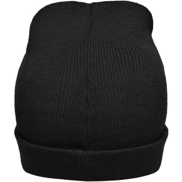 A black knitted beanie with a rolled cuff, featuring a simple design and a visible logo on the band.