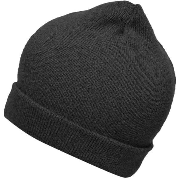 A dark grey knitted beanie with a folded ribbed cuff and a smooth top surface. It features a small logo.