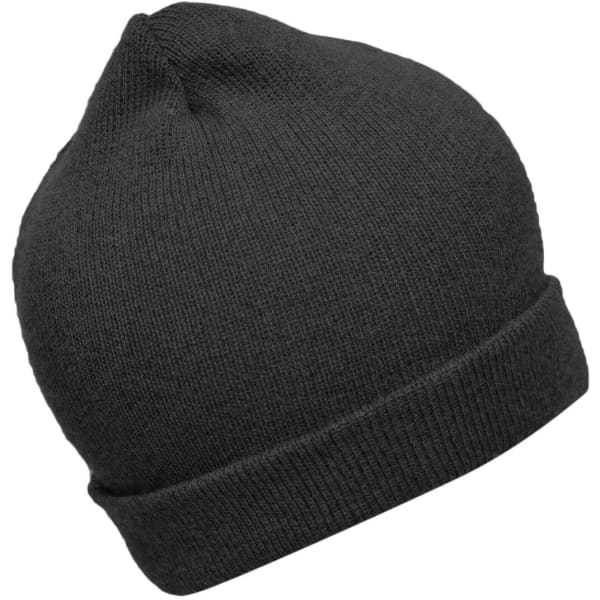 A black knitted beanie with a folded cuff and a rounded top. It features a logo on one side.